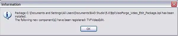 Screenshot showing successful installation in Delphi 2005
