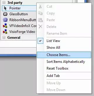 Menú Choose Items en Toolbox