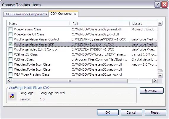 Seleccionando VisioForge Media Player en COM Components