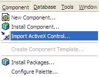 Captura de pantalla mostrando el menú Component con opción Import ActiveX Controls
