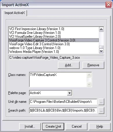Captura de pantalla mostrando el diálogo de selección de control ActiveX