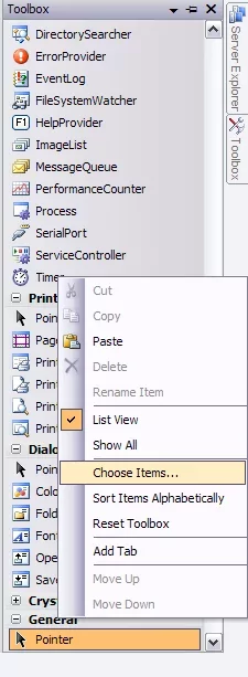Accediendo al diálogo de elementos de caja de herramientas