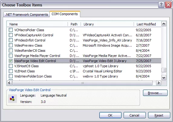 Seleccionando el componente de captura de video