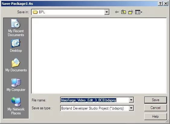 Captura de pantalla mostrando el diálogo de guardar paquete