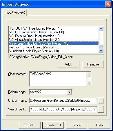 Captura de pantalla mostrando el diálogo de selección de control ActiveX