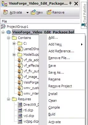 Screenshot showing install button location in Delphi 2005