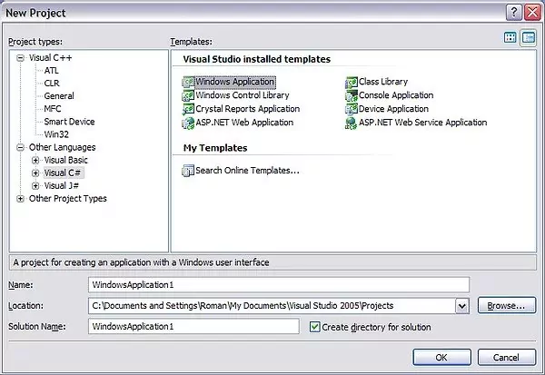 Pantalla de creación de nuevo proyecto