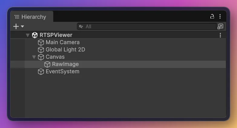 RTSPViewer scene Hierarchy: Canvas with RawImage, EventSystem, Main Camera