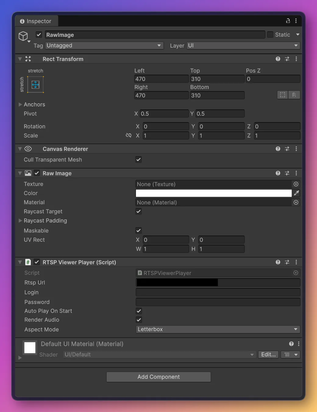 RTSPViewerPlayer component in the Inspector with the Rtsp Url, Login, and Password fields