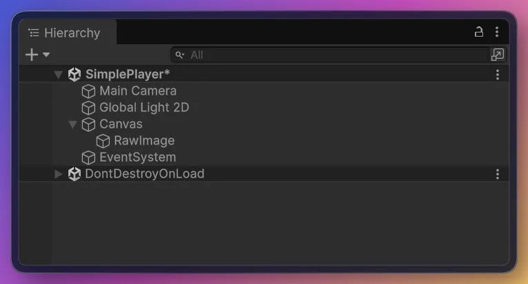 SimplePlayer scene Hierarchy: Canvas with RawImage, EventSystem, Main Camera