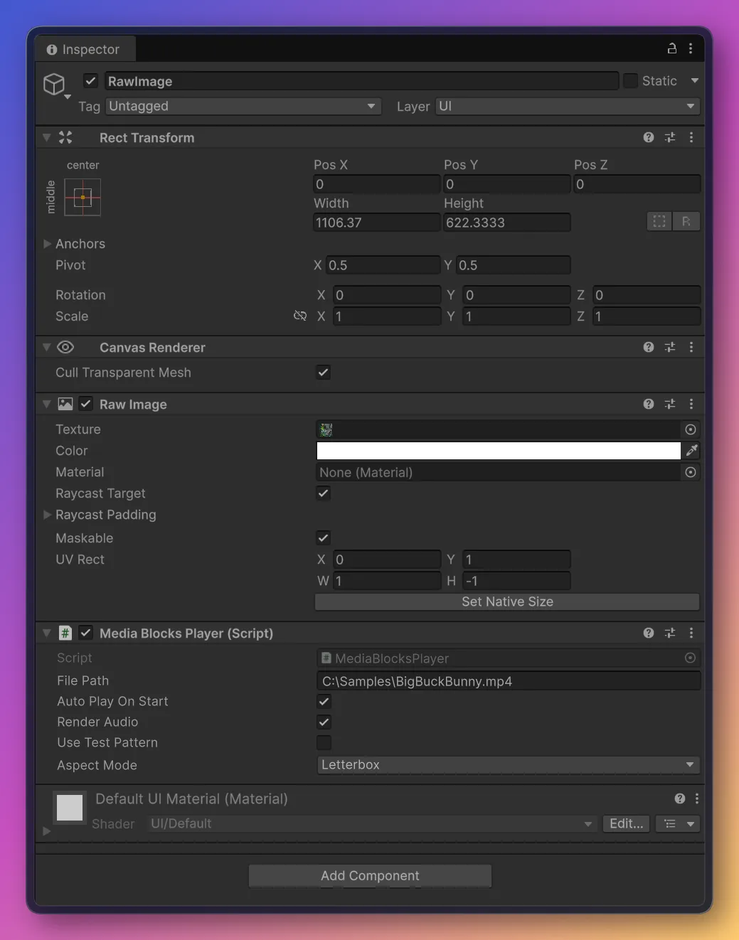 MediaBlocksPlayer component in the Inspector with the File Path field