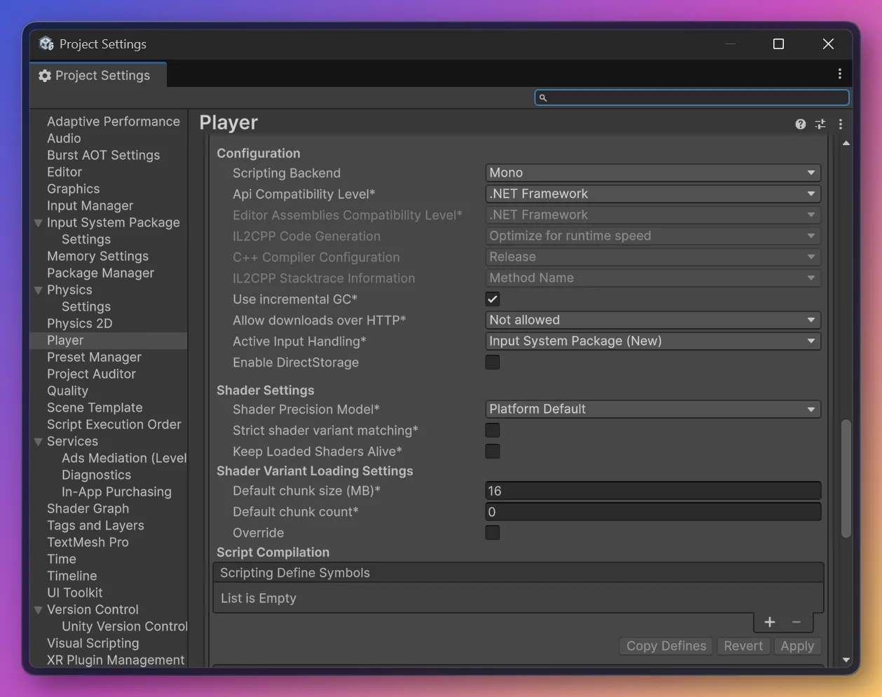 Player settings with Api Compatibility Level set to .NET Framework