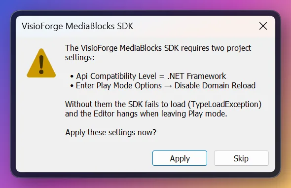 VisioForge Media Blocks SDK setup dialog with Apply and Skip buttons