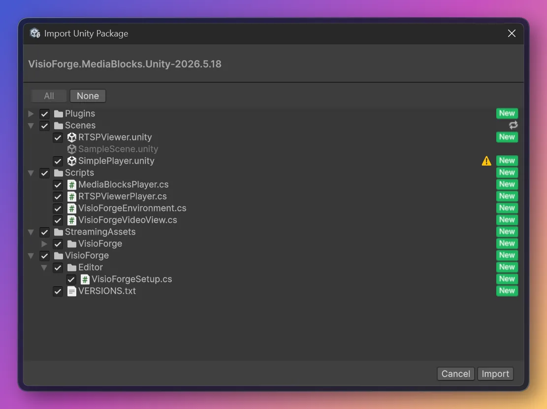 Import Unity Package dialog showing the VisioForge package contents