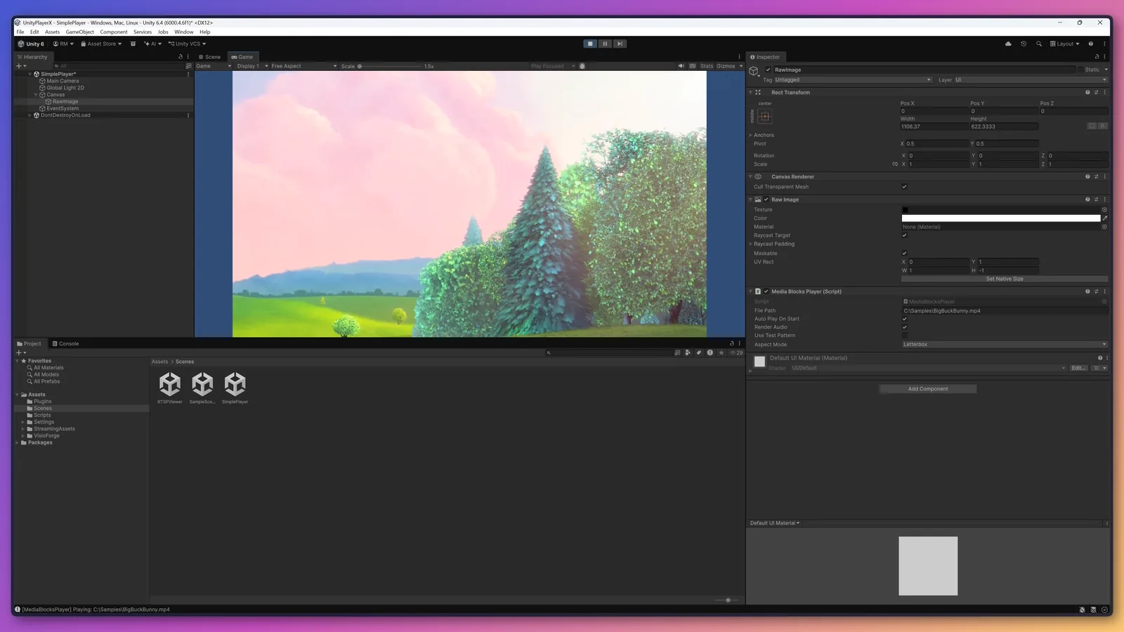 The SimplePlayer scene playing video in the Unity Game view