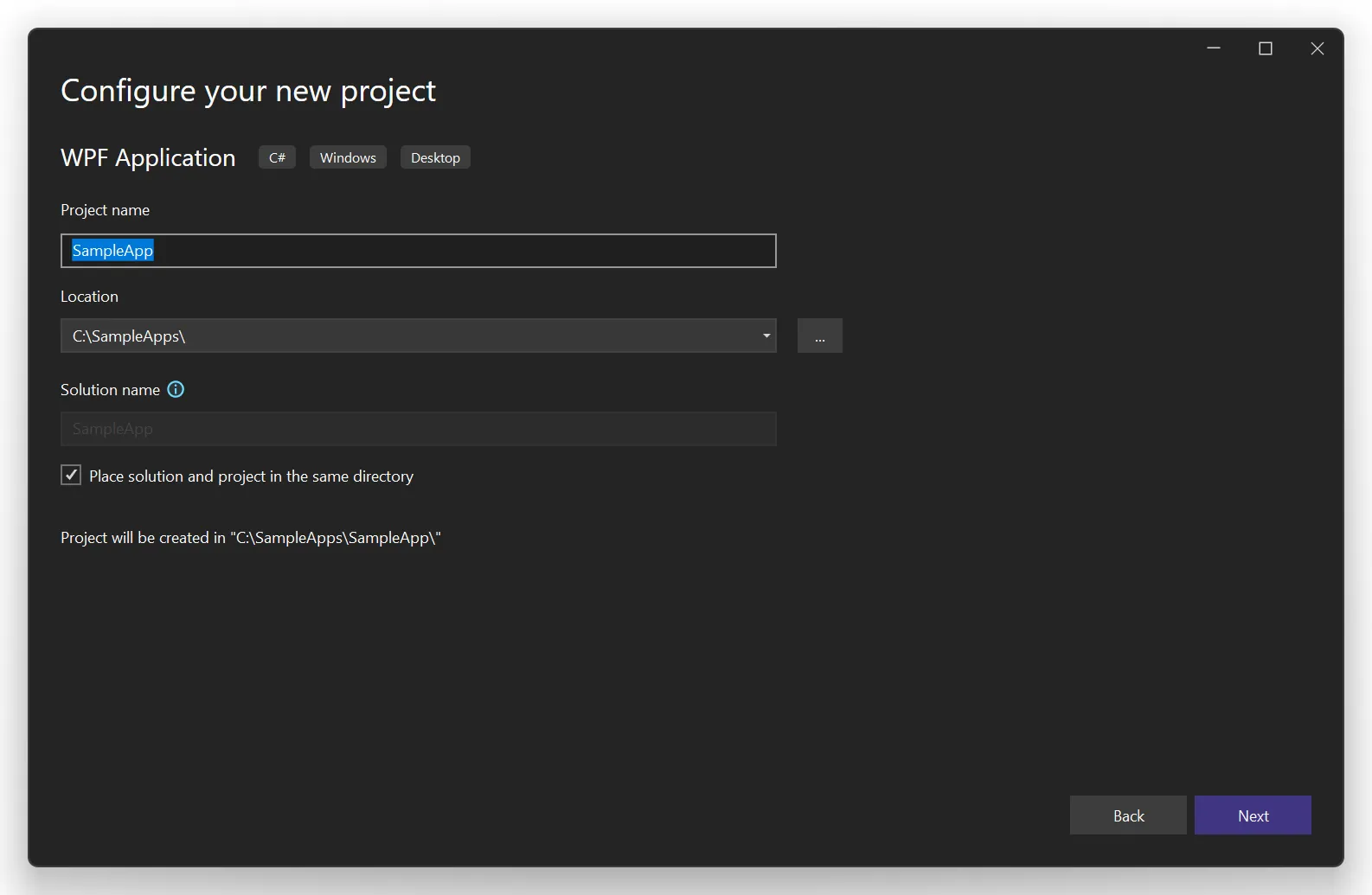 Seleccionando nombre del proyecto y opciones de configuración