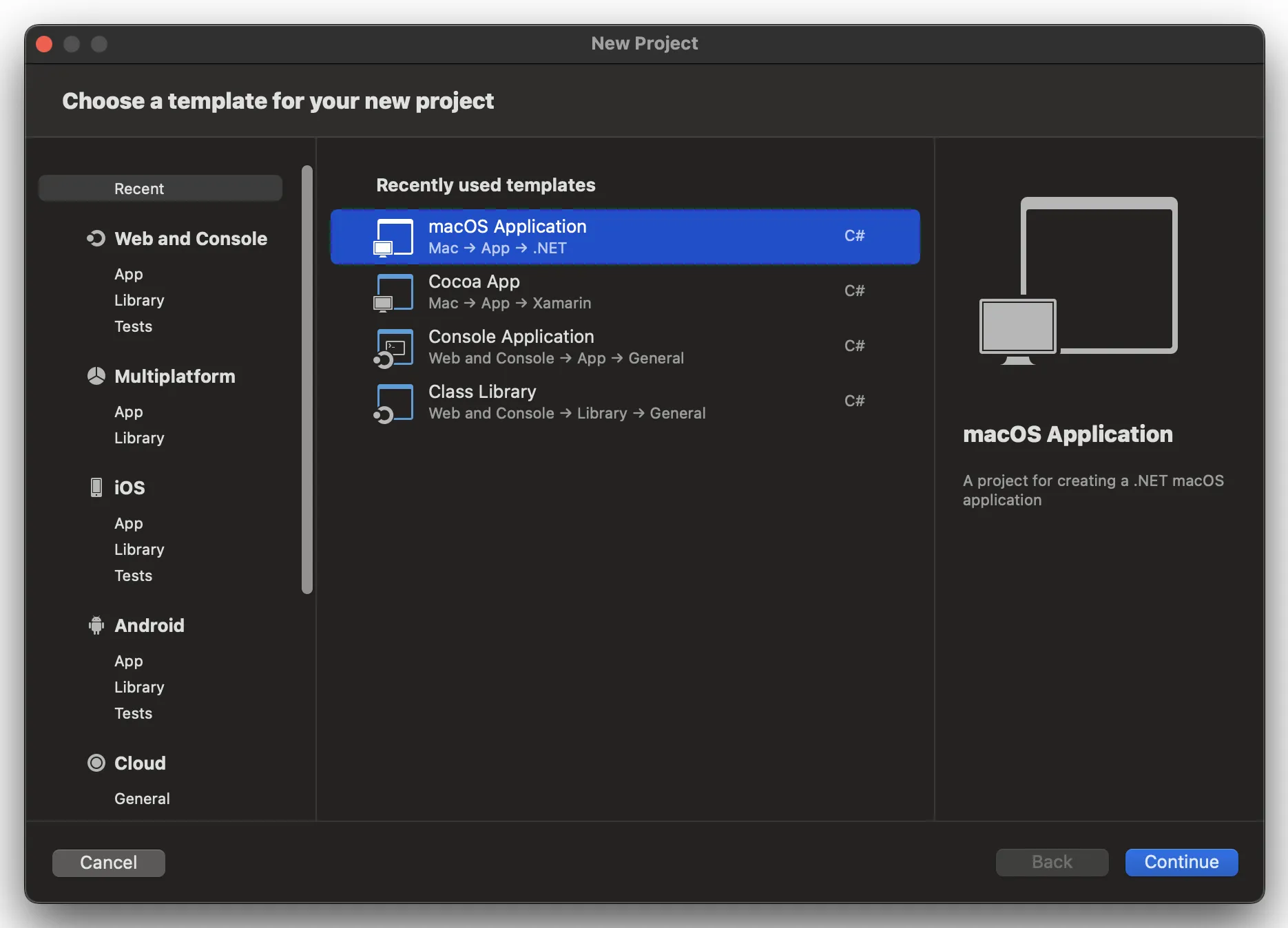Creando un nuevo proyecto macOS en Visual Studio para Mac