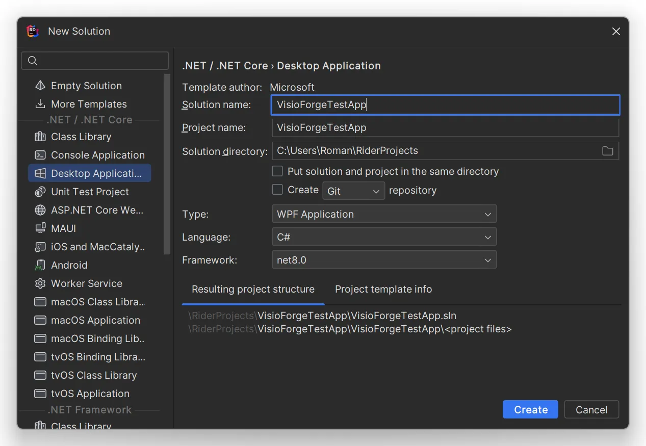 Project creation screen in Rider