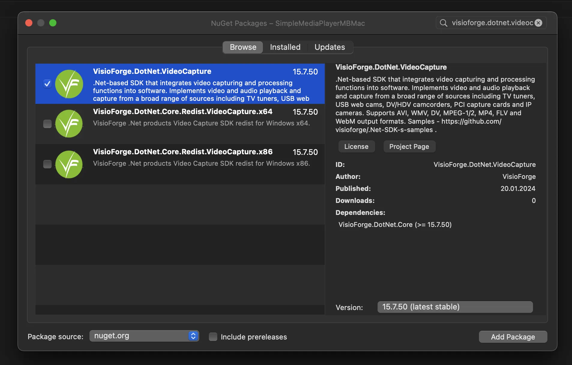 Installing the main SDK package via NuGet