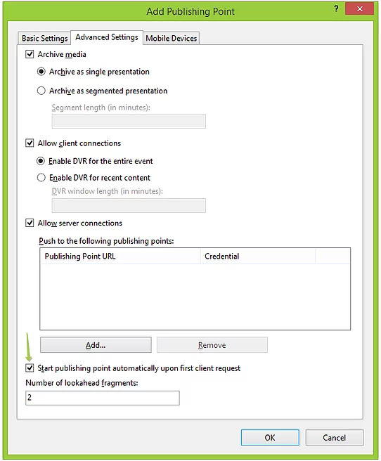 Additional publishing point settings