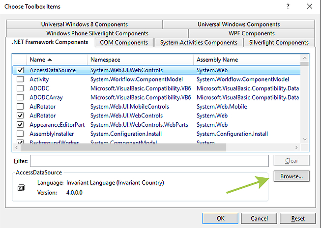 Microsoft net sdk. Choose Toolbox items